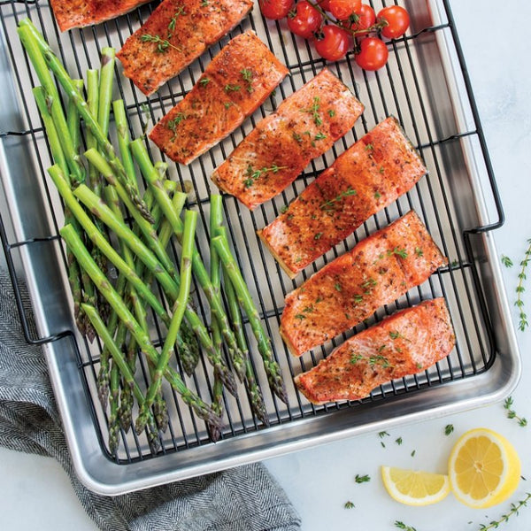 One Pan Salmon, Asparagus & Tomato Bake with Creamy Lemon Butter Sauce
