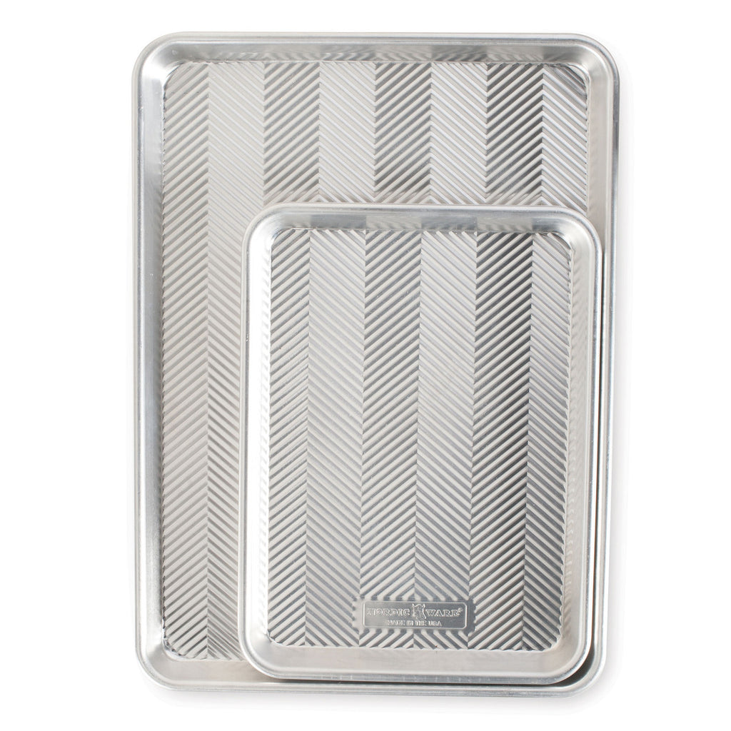 Nested metal baking pans set, chevron embossing, two tray sizes