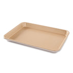 Empty nonstick quarter sheet pan, rectangular tray with corners in light beige