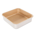 Square nonstick cake pan, tan interior, white exterior, 9-inch bake pan
