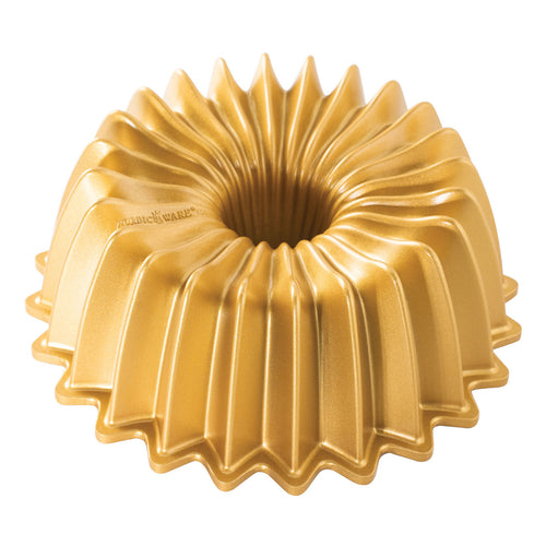 Brilliance Bundt metal cake pan, ridged fluted design with center tube, gold finish