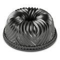 Black fluted Bundt pan with central tube and decorative ridges, round bakeware mold.