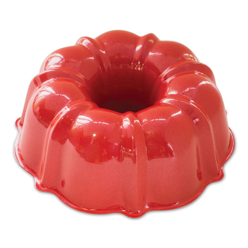 Red medium bundt pan with fluted ring mold