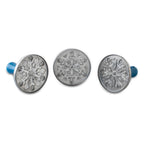 Set of round metal snowflake cookie stamps with blue handles, 3-piece view